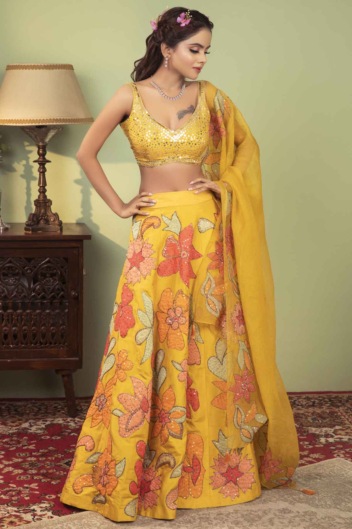 Designer Neha Khullar Silk Applique Embroidered Lehenga Set for Women Online